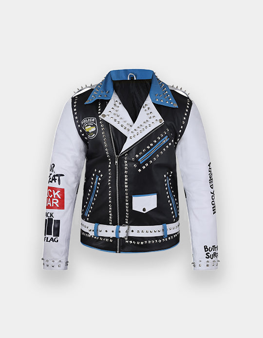 Men's Multi Color Brando Jacket, Genuine Cow Skin Leather Waist Belt Jacket, Punk Studded Jacket, Lapel Collar Shoulder Epaulets Jacket,